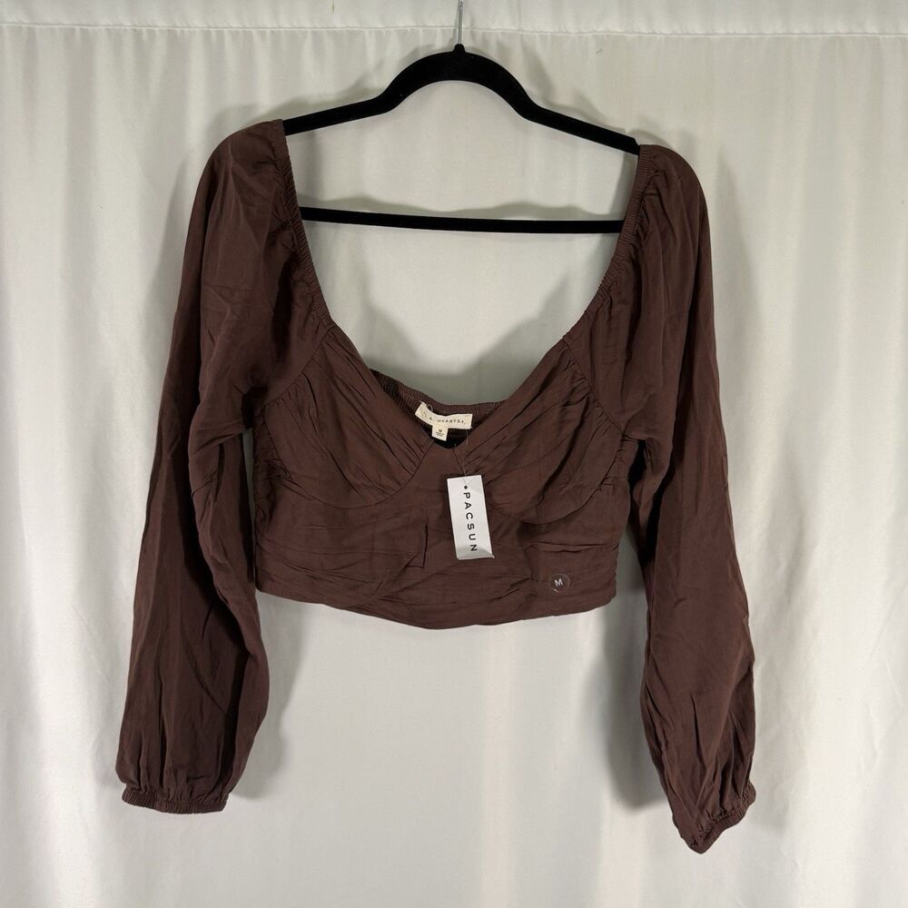 New LA Hearts Blouse Women's Medium Brown Cropped Balloon Sleeve V-Neck Smocked